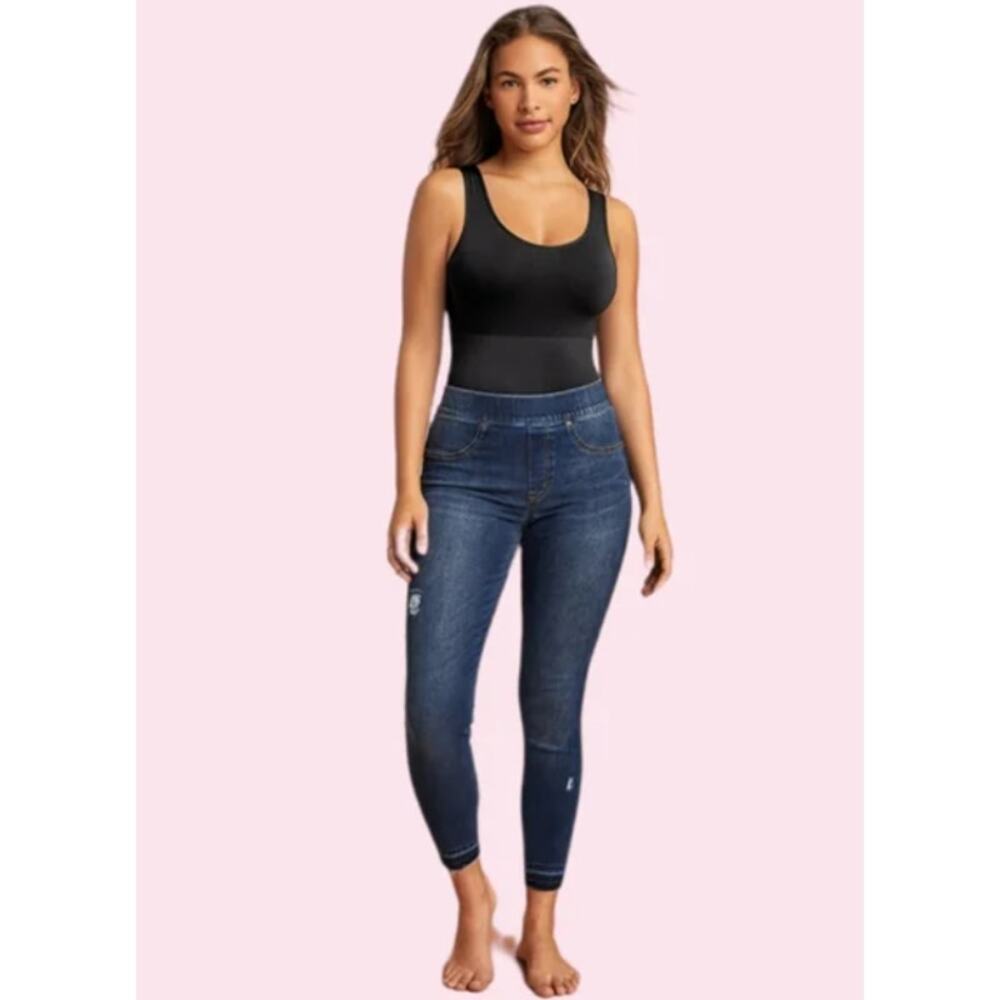 Spanx‎ Jeans Womens Size M Skinny Raw Released Hem Distressed Dark Wash Denim